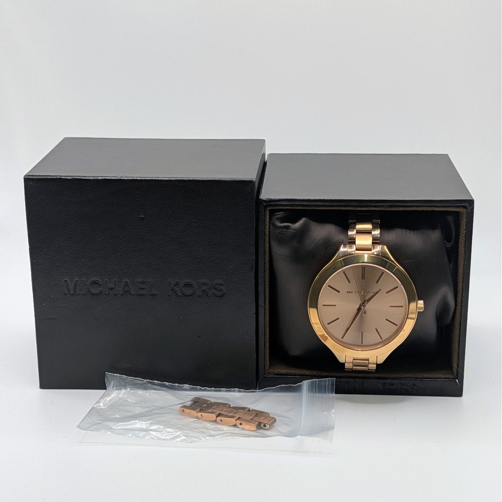 Michael Kors MK-3211 Slim Runway Watch Women Rose Gold Stainless Steel Links Box